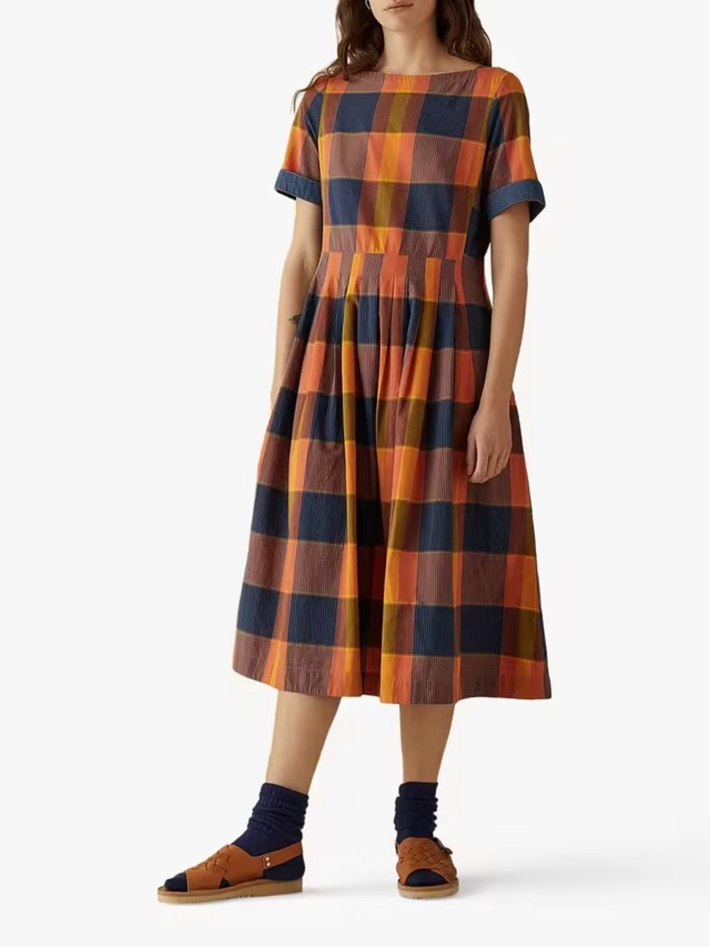 Checked Midi Dress in Orange, Navy & Yellow — Relaxed Summer Style